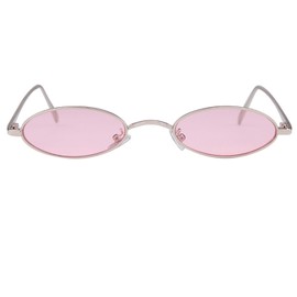 Laurinny 90s Retro Small Oval Sunglasses Men Women Vintage Hippie Glasses Metal Frame Slim Sunglasses, Silver/Pink