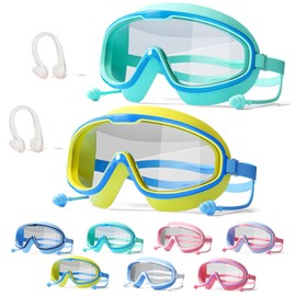 NEWFLAG 2Pcs Favorable Kids Goggles,HD Children's Large Frame Waterproof and Anti-fog Swimming Goggles,Favorabler Goggles with Nose for 3-16(Blue Yellow+Blue Green)