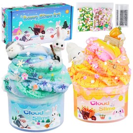 Joytry Bunny Cloud Slime Kit 2 Pack - 14oz Non Residue Cloud Slimes for Kids, Includes Cute Bunny & Santa Claus Charms & Add-ins, Glitter, ASMR Sensory Toys, Slime Gifts for Christmas Birthday
