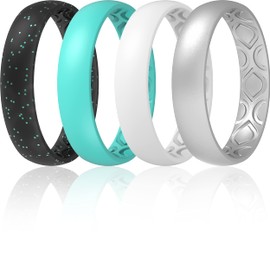 ThunderFit - Alianza de boda de silicona para mujer, transpirable, con ranuras de aireación, 4 mm de ancho, 1.5 mm de grosor, 12 anillos/8 anillos/4 anillos/1 anillo, Plata, negro con purpurina, blanco, verde azulado., 4.5 - 5 (15.7mm)