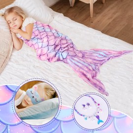 Mermaid Gifts for Girls Age 5 6 7 8 9 10+, Unique Mermaid Birthday Gifts Set Mermaid Cup Notebook blanket Kids Purse Greeting Card Jewelry Kit for Teens Girls