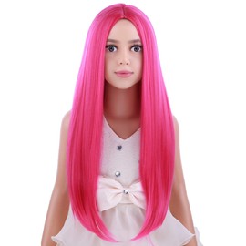 PATTNIUM Child Kids Hot Pink Wig Long Straight Pink Wig for Kids Girls Magenta Wig Neon Pink Rose Pink Wig Long Middle Part Sythetic Wig with Wig Cap