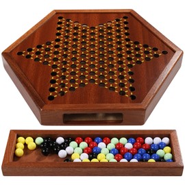 Chinese Checkers Board Game, 100% Natural Quality Wood 12-Inch Chinese Checker with 72 Marbles & Storage Drawer, Strategic Board Game Kit Birthday Gift