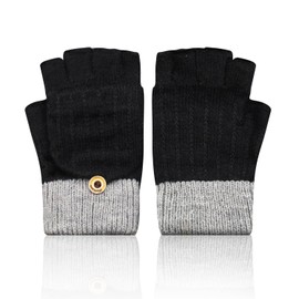 Abnaok Fingerless Thermal Gloves Winter Women Men Knitted Gloves with Flip Cover Suitable for Indoor and Outdoor Sports Gloves Fingerless Gloves, black