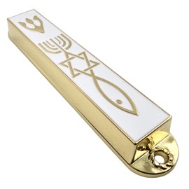 Protection MEZUZAH CASE with Scroll for Door Menorah Star of David Enamel Messianic Seal Mezuzah Israel Art Judaica Gift 3.5 inch (White)