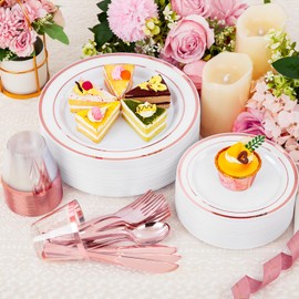 WELLIFE 300 PCS Rose Gold Dinnerware Set for 50 Guests, Valentine's Day Plates, 50 Dinner Plates, 50 Salad Plates, 50 Cups, 50 Forks Knives Spoons for Wedding Reception and Party Supplies