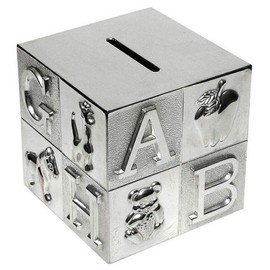 Childrens Silver Plated ABC Cube Money Box
