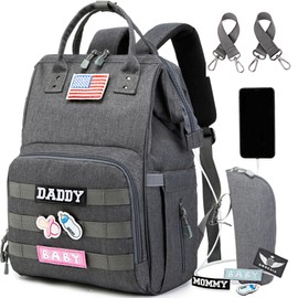 QWREOIA Diaper Bag Backpack for Dad and Mom with USB Charging Port Stroller Straps and Insulated Pocket,army military Travel Nappy Backpack (Dark Grey)