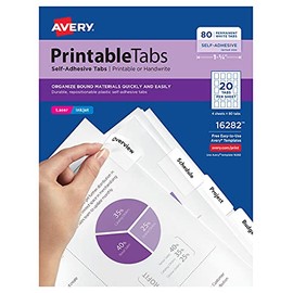 Avery Printable Self-Adhesive Plastic Tabs, 1-3/4", Repositionable Adhesive, White, Pack of 80 (16282)