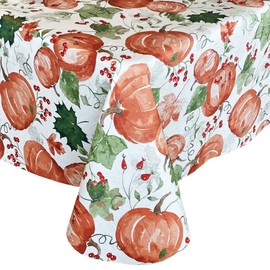 Lintex Pumpkin Gathering PEVA Non Toxic Autumn Vinyl Tablecloth, Thanksgiving Harvest Country Cottage Pumpkins Easy Care Fall Tablecloth6, 60inch x 84inch Oblong/Rectangle Multi Color 102inch