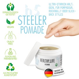 HLV - Haarpomade Wasserbasiert mit extra starkem Halt & Glanz - Styling Pomade Männer für trockenes & feuchtes Haar - Haarwachs Herren ideal für Pompadour, Rockabilly & Slick Looks (STEELER Pomade)