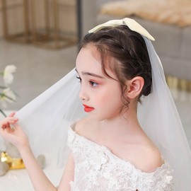 CanB - Velo de encaje con lazo para niña de flores, velo de primera comunión, velo de novia, longitud del codo, dama de honor, cabeza de princesa, cumpleaños para niñas, 15.7 pulgadas, Blanco, 15.7inches(40 cm)