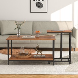 VECELO Set of 2 Adjustable Coffee Nesting Table with USB Port and Wheel for Living Room