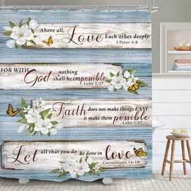 Yookeb Rustic Farmhouse Bible Verse Bathroom Shower Curtain 60W by 71H Inch Christian Scripture Wood Wooden Inspirational Motivational Polyester 12 Plastic Hooks Waterproof Decor