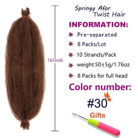 ZRQ 16 Inch Springy Afro Twist Hair For Distressed Butterfly Locs 8 Packs Honey Brown Marley Crochet Braiding Hair Synthetic Pre-Separated Spring Twist Hair Extension 8 Strands/Pack (30#)