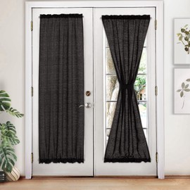Melodieux Semi Sheer French Door Curtains 72 Inches Long, Linen Look Rod Pocket Privacy Drapes for Patio Sliding Glass Door Window, Black, 52 by 72 Inch, 2 Panels