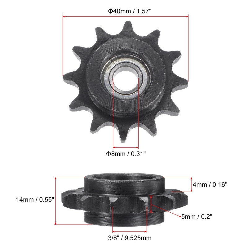 sourcing map Chain Idler Sprocket 8mm Bore, 12 Tooth Sprocket