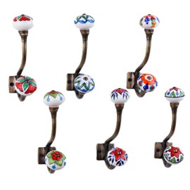 Indian Shelf Pack of 6 Heavy Duty Double Prong Multicolor Decorative Coat Hooks Unique Coat Rack Wall Mount Ceramic Wall Hooks for Hanging Towel Holder Backpack Purse Hanger- Style 10