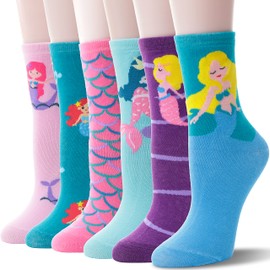 WELSOX Girls Kids Socks Gifts Cute Cat Fun Crew Fashion Funny Novelty Soft Cotton Socks 6 Pairs(Mermaid,3-5Y)