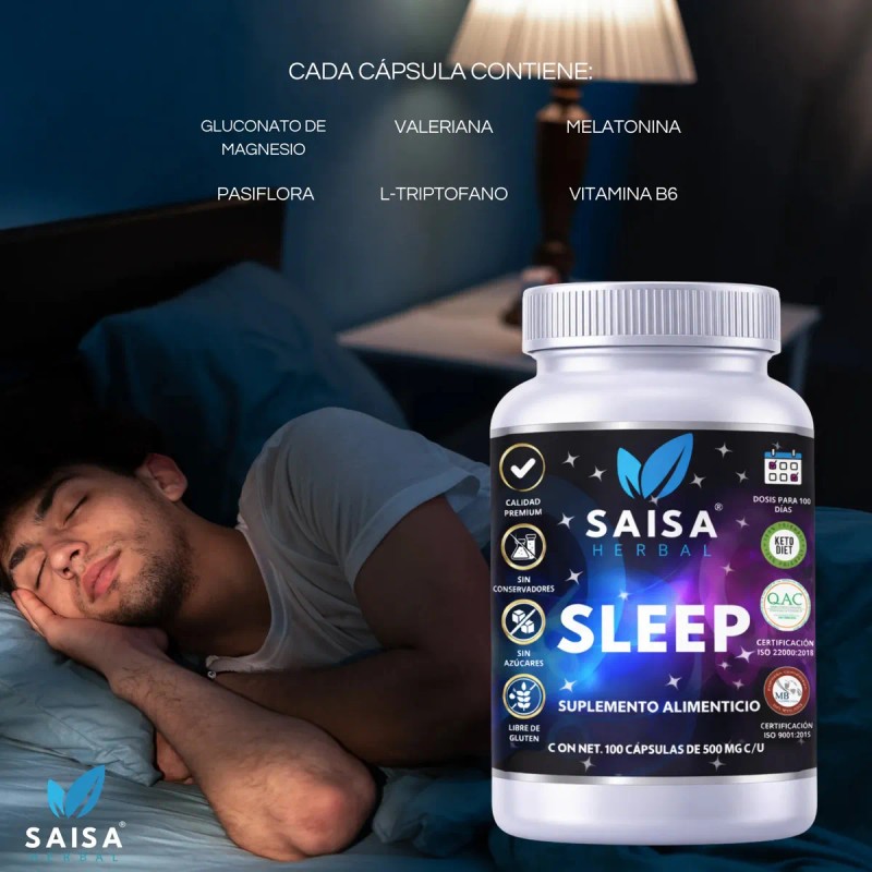 Suplemento Dormir 100 Cápsulas Sleep Saisa Herbal Melatonina Triptófano Valeriana