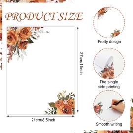 JarThenaAMCS 60 Sheets Watercolor Floral Stationery Letterhead Paper Orange Rose Writing Paper Single-Sided Flower Greeting Paper for Invitations Office Printing, 8.5 x 11 Inch