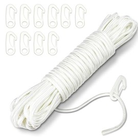 Adiwo 15M Flag Pole Rope with 10 PCS Flag Pole Clips, 6MM Thick Nylon Flag Rope, White Flag Line, Flag Pole Halyard Rope Kit for Outdoor, Swing, Garden, Camping(White)