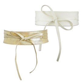 MisFun Pack of 2 Wide Belts, Belt for Dress, Waist Belt, Women's Wide, Wider Wrap Belt, Tie Belt, Wide Tie Belt, PU Leather Wrap Belt, for Dresses and Outerwear, White, Gold