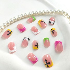 Square Press on Nails Short Fake Nails with Spots Direction Designs White French Tip Nails Press ons Glossy Glue on Nails Green Acrylic Nails Yellow False Nails Pink Stick on Nails for Women 24Pcs