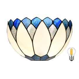 HomeBeauty Blue White Lotus Tiffany Style Wall Sconce Stained Glass Wall Light Fixtures for Hallway Stairway Bedroom Livingroom, 12 Inches Wide(Blue White)