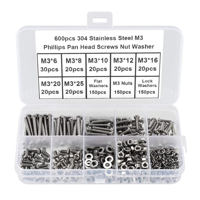 FandWay 600Pcs M3 Screw Assortment Kit 304 Stainless Steel Phillips