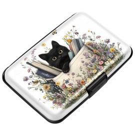 Coco Rossi Credit Card Holder RFID Aluminum Wallet Card Case Mini Business Cards Holder Metal ID Case for Men Women, Cat & Books