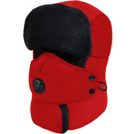 Winter Trapper Hat for Men & Women, Trooper Hunting Russian Fur Hat with Ear Flap & Mask Ushanka Aviator Hat for Cold Weather Red