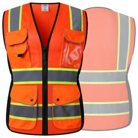 JKSafety 9 Pockets Women Hi-Vis Reflective Safety Vest | Mesh Neon Orange| Reflective Strips with Yellow Extended Trims | ANSI Compliant (168-Orange, M)