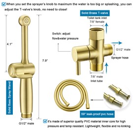 Uvish Handheld Bidet Toilet Sprayer, Brass Hand Held Bidet Attachment Cloth Diaper Toilet Sprayer with Backflow Preventer, Adjustable Water Jet Spray for Toilet with 7.9" Long Bidet Wand, Brushed Gold