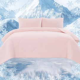 Quataly Cooling Comforter Set Twin Size, Luxury Soft Silky Double Sided Cooling Blanket for Hot Sleeper Pink 3pcs(Comforter+Fitted Sheets+Pillowcase)