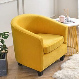 SFUSKD Tub Chair Slipcover,2-Pieces Stretchy Soft Velvet Barrel Club Chair Covers with Cushion Cover,Washable Armchair Sofa Cover Protector for Living Room Bar Counter Single Sofa (Dark Yellow)