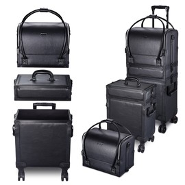 BYOOTIQUE 3IN1 Rolling Makeup Case Travel Organizer Cosmetic Case Travel Train Case Lockable Rolling Leather Trolley Organizer Storage Hand Bag For Makeup Lover Artist (Classic Black)