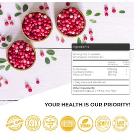 Nutrica Life Urinary Tract Infection Treatments D Mannose 1000mg Capsules - D-Mannose & Cranberry Pills with Hibiscus Extract - Strength Urinary Tract Health