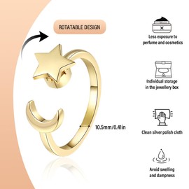 Set of 2 Fidget Rings - Rotating Star and Moon Ring (Gold + White Gold) - Anti-Stress Ring for Adults - Fidget Spinner Rings Gold - Rings for Stress Relief and Concentration