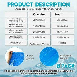 Geyoga 8 Pcs Disposable Rain Pants with Shoe Boot Waterproof Long Pant Boot Covers for Adults Teens Outdoor Cycling Fishing(L,White,Blue)