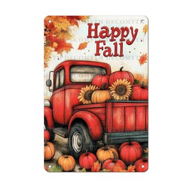 Thanksgiving Fall Rustic Metal Tin Sign Vintage Autumn Red Truck Pumpkin Sunflower Harvest Farmhouse Wall Art Retro Decor 12 * 8inch