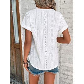 Bliwov Womens Tops 2025 Casual Eyelet Embroidery Summer Blouse Cap Sleeve Loose Trendy T Shirts,White,XL