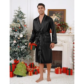 Bresdk Dressing Gown Men's Satin Kimono Robe Long Lightweight Bathrobe for Men, Black M885