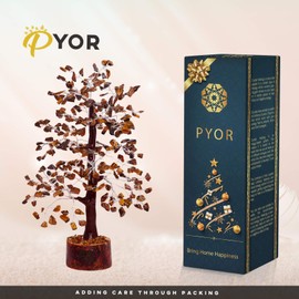 PYOR Tiger Eye Bonsai Money Tree Reiki Healing Chakra Balancing Prosperity Beads Wealth Gemstone Feng Shui Aura Crystal Cleansing Spiritual Gift Good Luck Statue Silver Wire 10-12 Inch