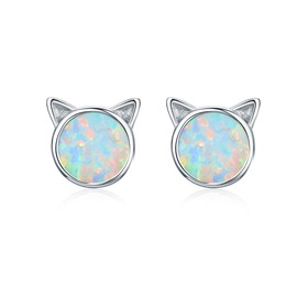 Opal Earrings, TIZU Unicorn Stars Earrings, 925 Sterling Silver, Cat Mouse Stud Earrings for Girls, Women, Christmas Gifts, 925 sterling silver, 14 carat white gold plated, Opal