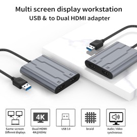 USB C to HDMI Adapter Dual 4K 60HZ, USB 3.0 to Dual Monitor Adapter DL6950 Chip (Gray, Single)