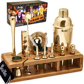 Gold 23-Piece Bartender Kit Cocktail Shaker Set by BARILLIO: Stainless Steel Bar Tools with Sleek Bamboo Stand, Velvet Carry Bag & Recipes Booklet