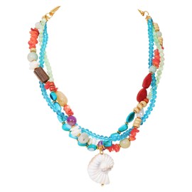 Firstmeet Bohemian Summer Necklace with Conch Pendant Glass, Shell, Acrylic, CCB & Wood Beads, Vacation Jewelry(XL-1309-Blue)