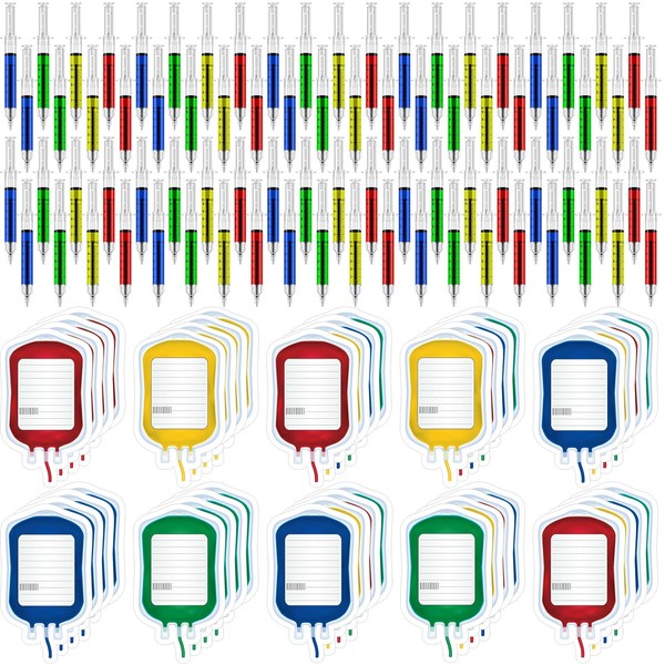 Maitys Halloween Syringe Pens Nursing Pen with Blood IV Bag Designed Sticky Notes Multicolor Novelty Pen for Nurses Student School Supplies Imaginary Doctor Play for Halloween Party Favor(96 Pcs)