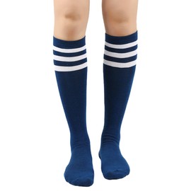 Bestjybt Womens Stripes Knee High Tube Socks Casual Athletic Socks Sport Socks (Navy Blue)